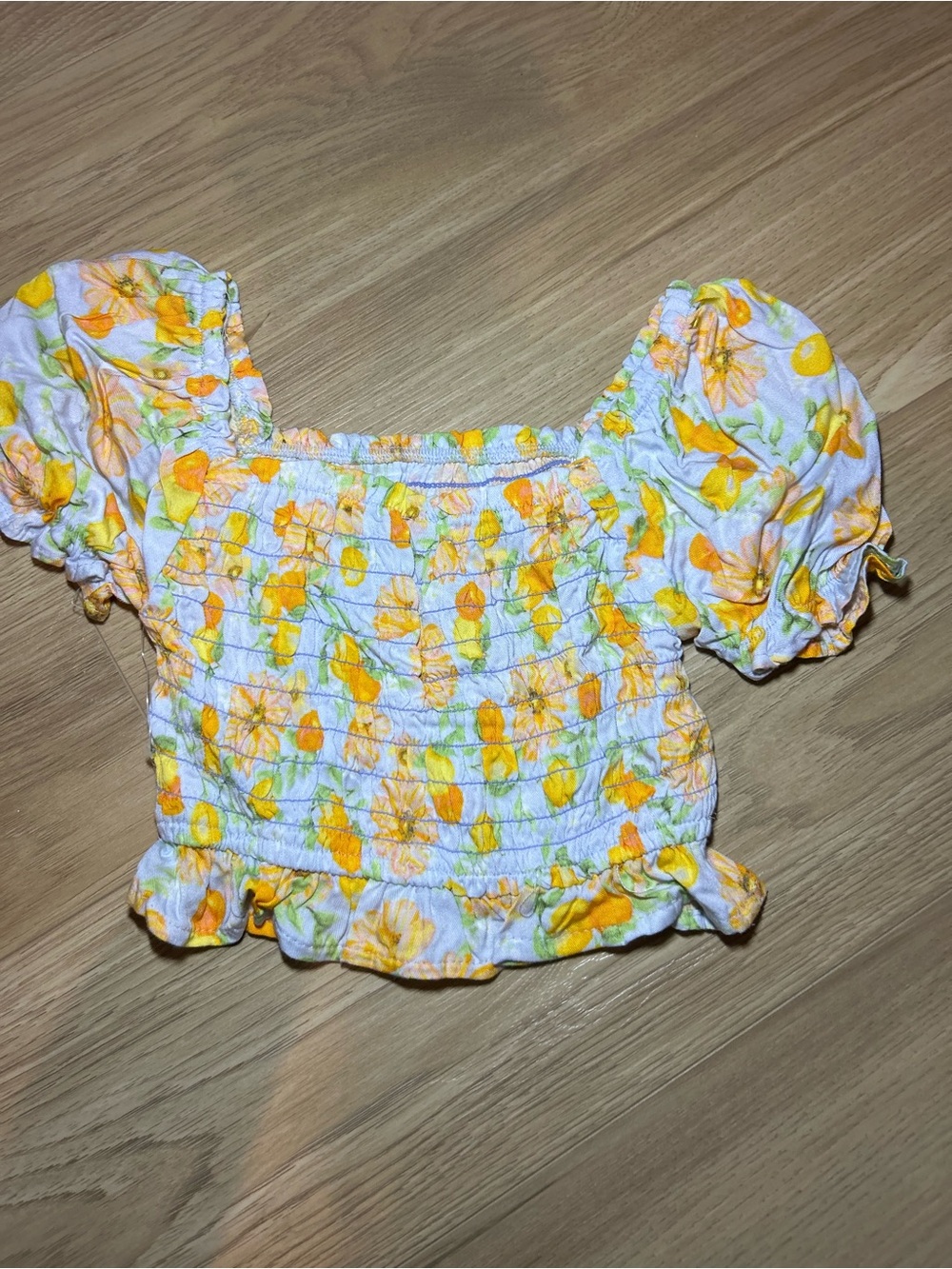 Vince Camuto Yellow Floral Smocked Puff Sleeve Crop Top